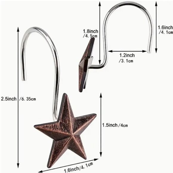 NEW! Primitive Star Bronze Color Shower Hooks Set of 12 Country Farmhouse Rustic - Picture 4 of 4